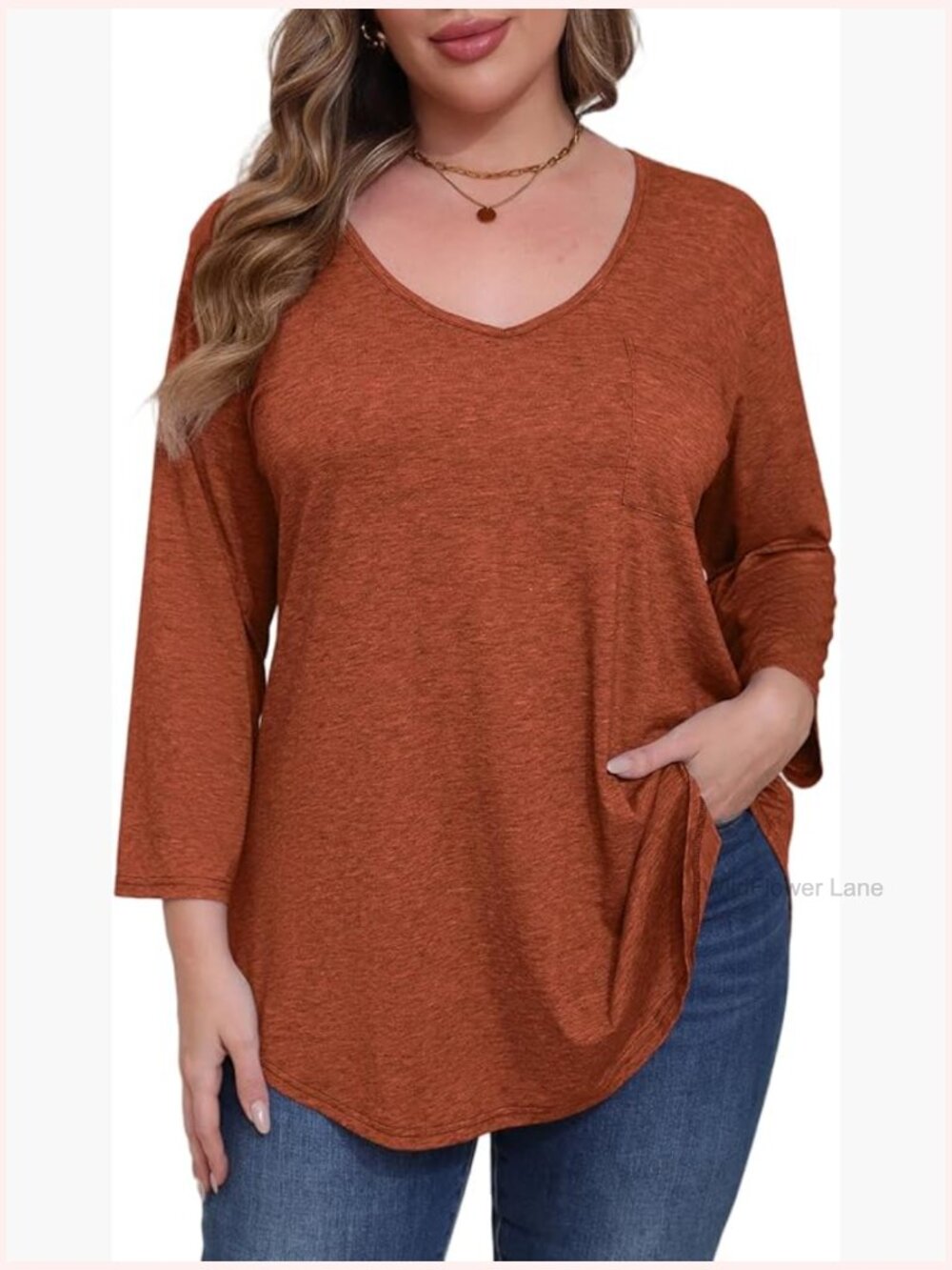 Plus Size Tunic Top 3/4 Sleeve V Neck Shirt with Pocket